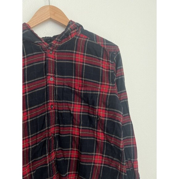 TNA Grunge Gothic Punk Red Black Plaid Button Up Hooded Flannel Shirt Small - Picture 2 of 6